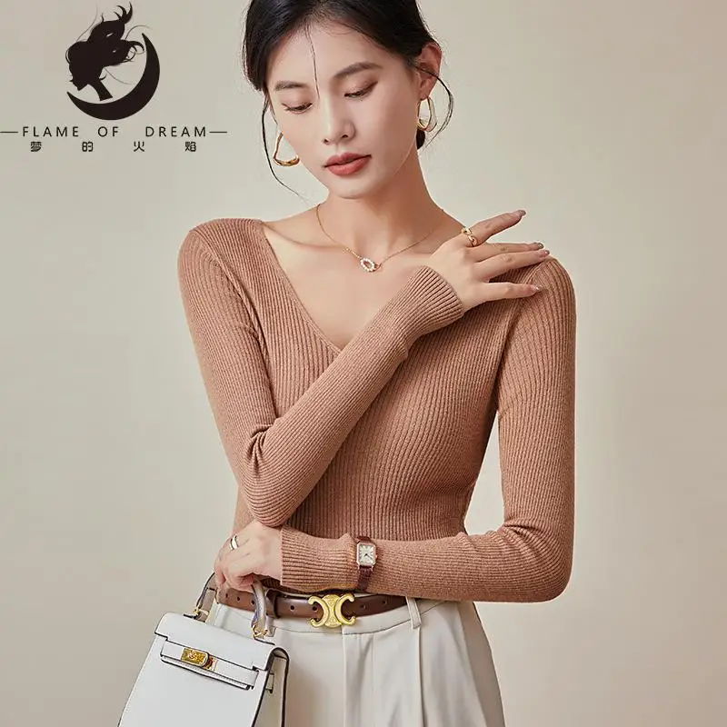 

Flame Of Dream Winter Silk Wool V-neck Women's Long Sleeve Backing Shirt Solid Color Stretch Mulberry Silk T-shirt 2054