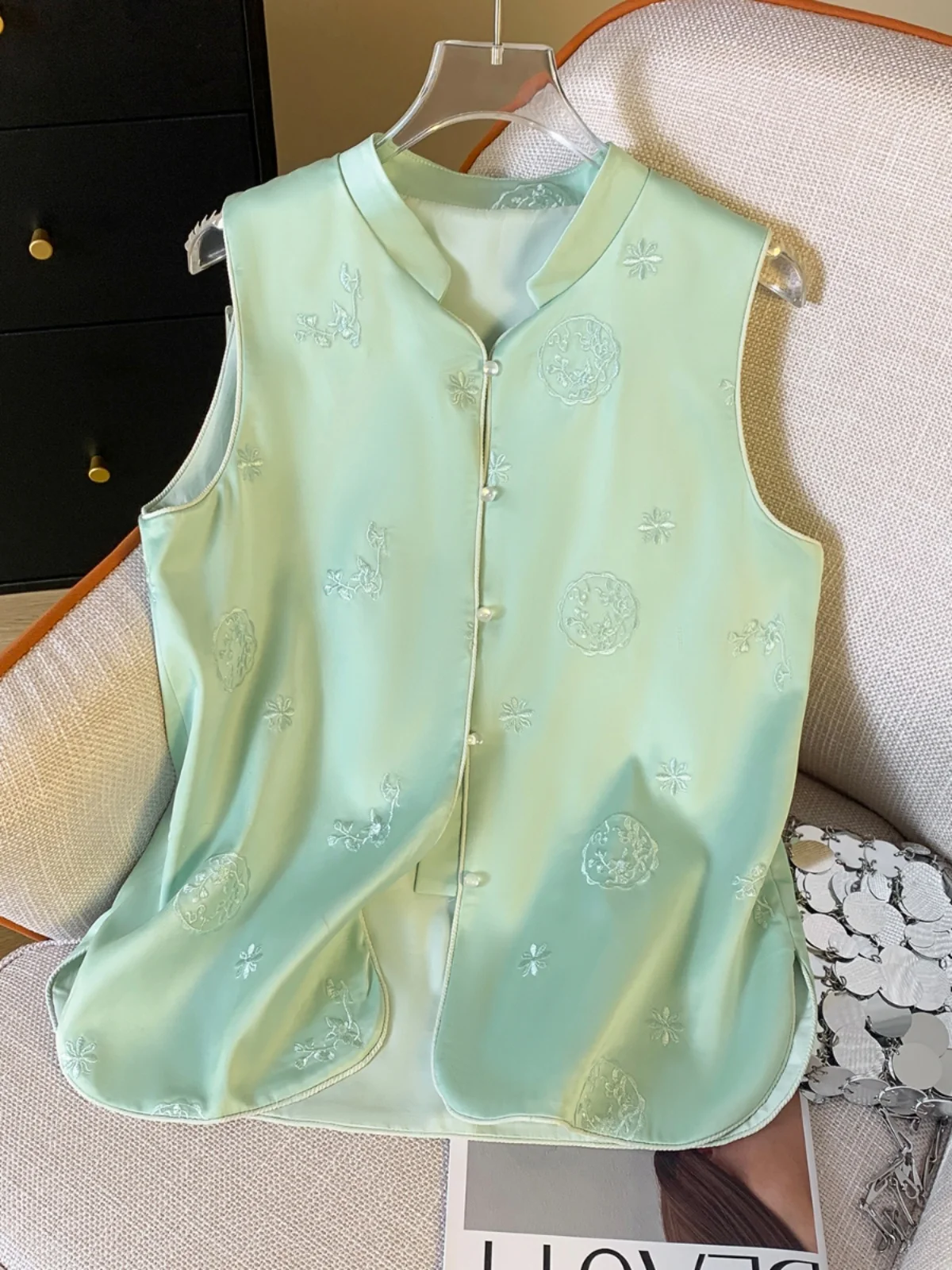 Новый китайский жаккардовый атласный зеленый жилет женский на весну и лето ретро