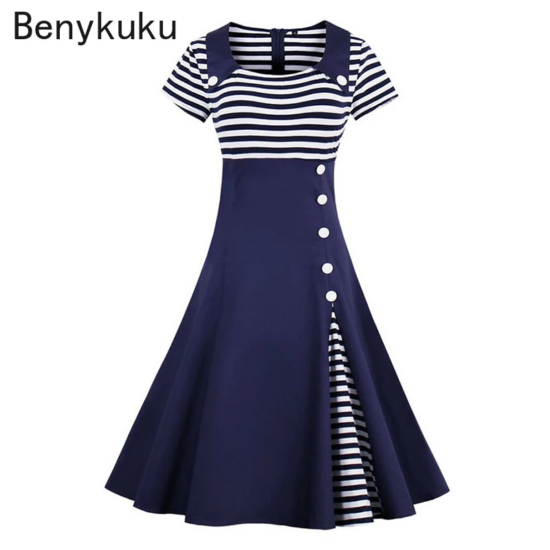 

Striped Vintage Buttons Short Sleeve Summer Dress High Waist Plus Size Women Clothing 2022 Patchwork A-Line Dresses 4XL Vestidos