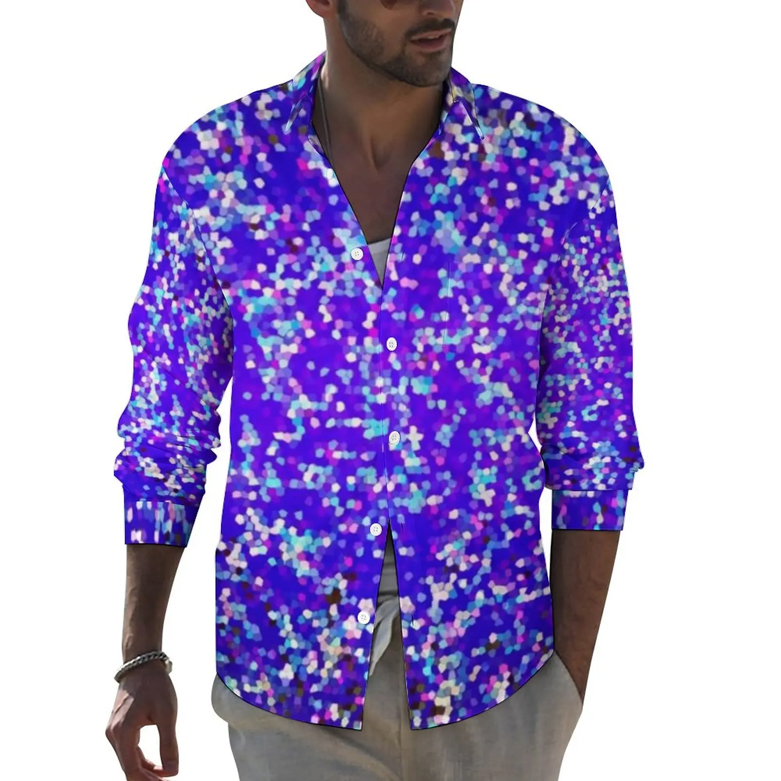 

Sequins Print Casual Shirts Mens Glitter Graphic Purple Shirt Long Sleeve Vintage Street Style Blouses Spring Tops Plus Size