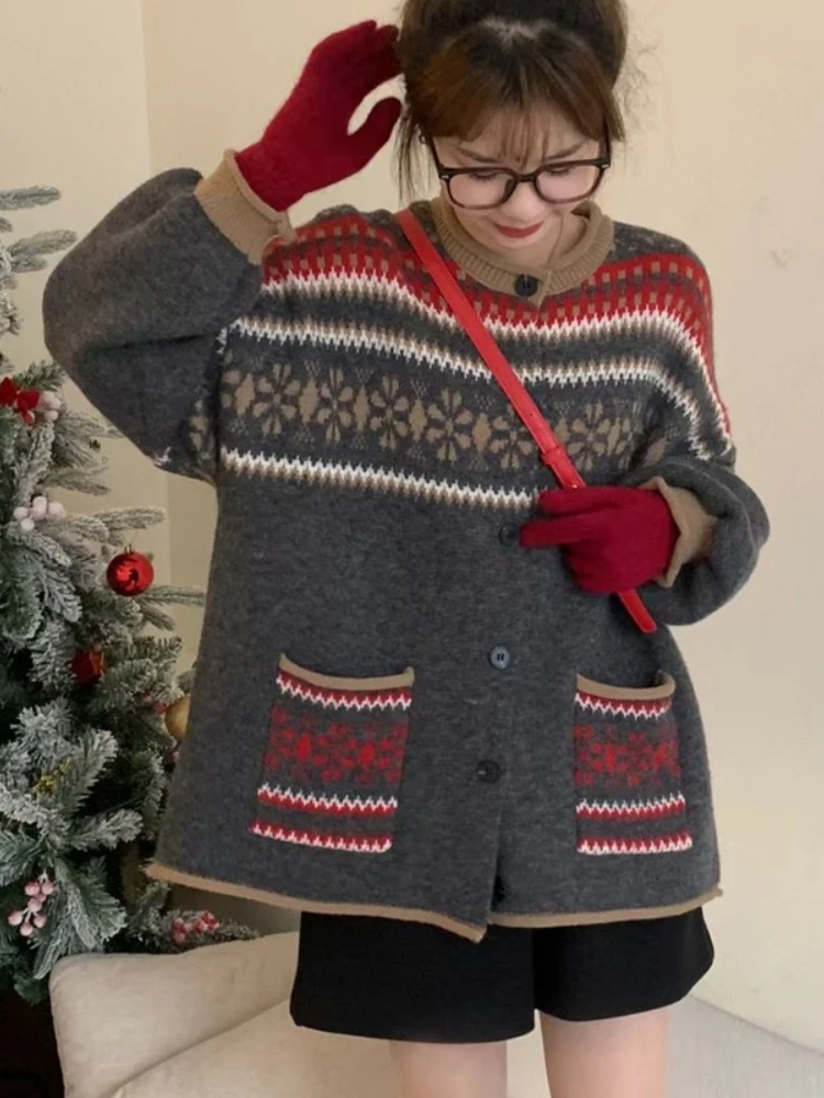 Осень/зима 2024 модный новый женский теплый вязаный кардиган с принтом в