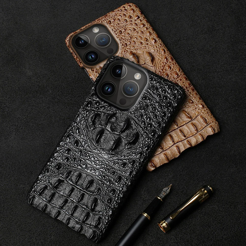 

Genuine Leather Half-Wrapped Phone Case for iPhone 14 Pro Max 13 12 11 XR XS 3D Crocodile Head Alligator Skull Armor Back Cover