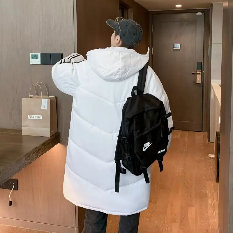 Korean Version Loose Parkas A Mid-length Side Stripe Hooded Zippered Coats Winter Cotton Fashion Casual Heavy Jacket Men Women