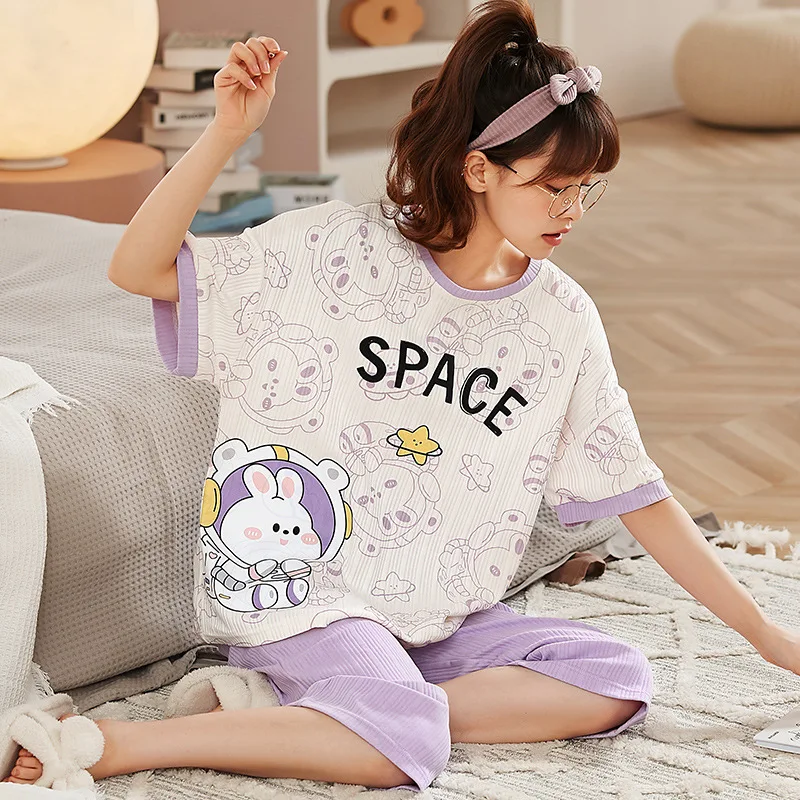 SUO&CHAO new capris shortsleeve women's pajamas, round neck, lovely, skin-friendly and comfortable home clothes