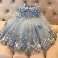 light blue ball gown toddler flower girl dresses pearls 3d flowers birthday costumes wedding photography gown customised