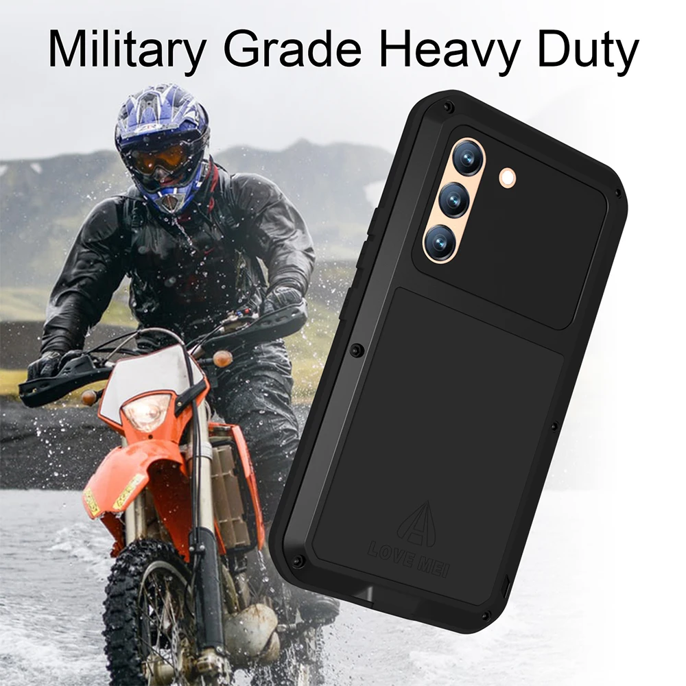 LOVE MEI For Samsung Galaxy S23 Plus Metal Armor Case S22 S21 FE S20 Military Grade Shockproof Silicone Cover Built-in Protector
