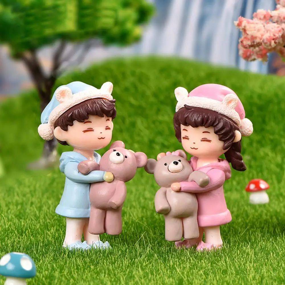 

Long Lasting Chic Micro Landscape Hugging Bear Boy Sculpture Vibrant Color Couple Decoration Vivid Appearance for Office