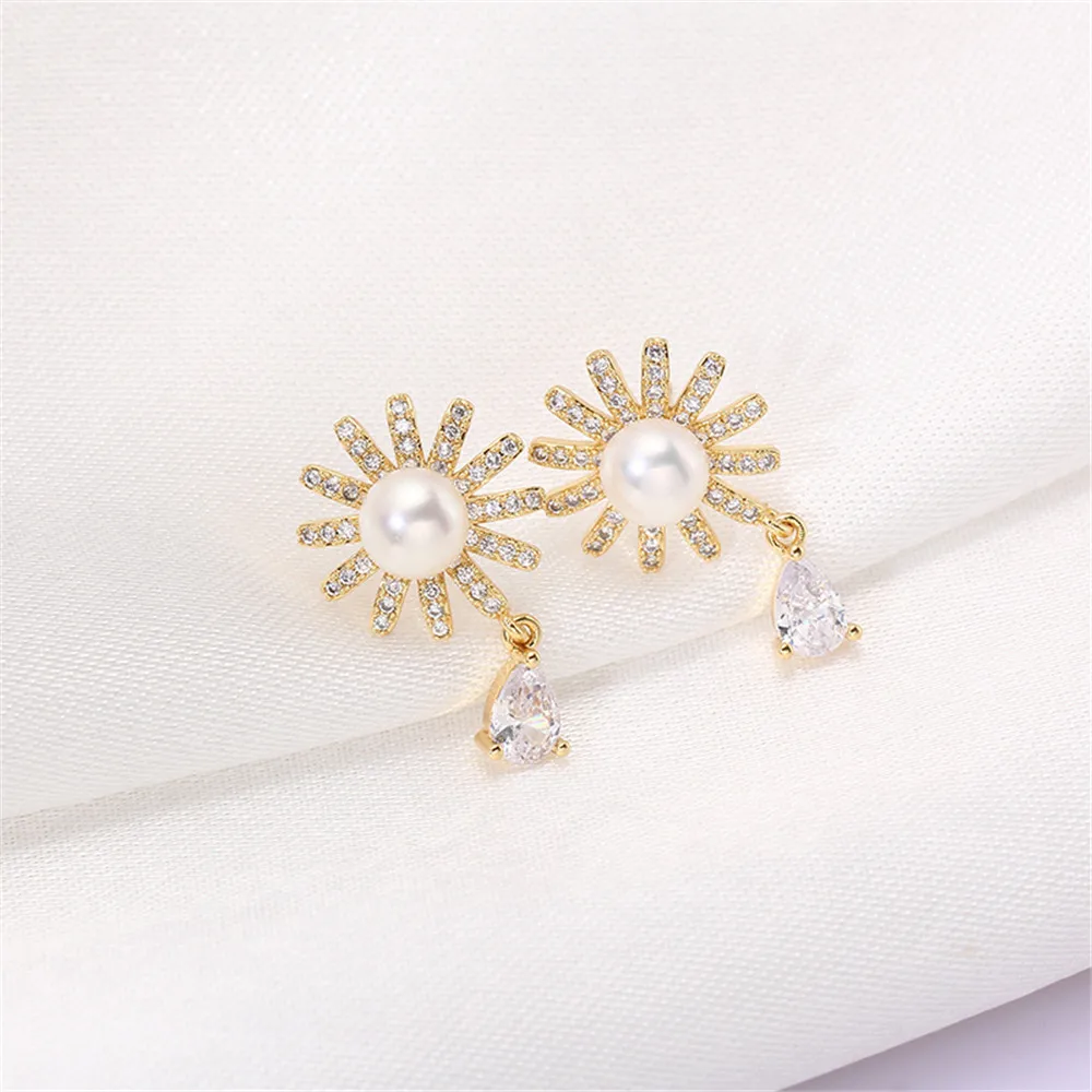 

14K gold sunflower water drop zircon pearl earrings S925 silver needle earrings DIY Accessories