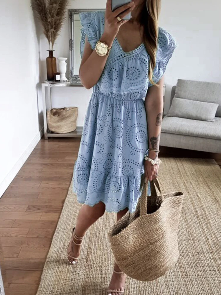 

Summer Solid Lace Hollow Butterfly Sleeve Dress Elegant V Neck High Waist Party Dress Lady Fashion Chic Beach Midi Dress Vestido