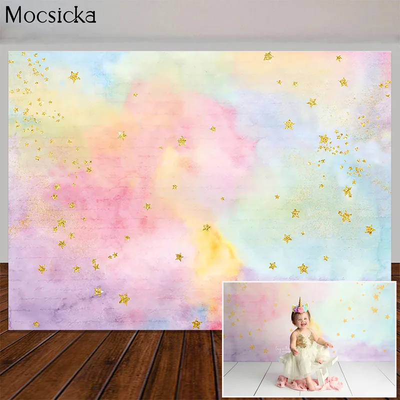 

Newborn Baby Portrait Photography Backdrops for Rainbow Pink Clouds Flash Golden Stars Photoshoot Backgrounds for Photo Studio