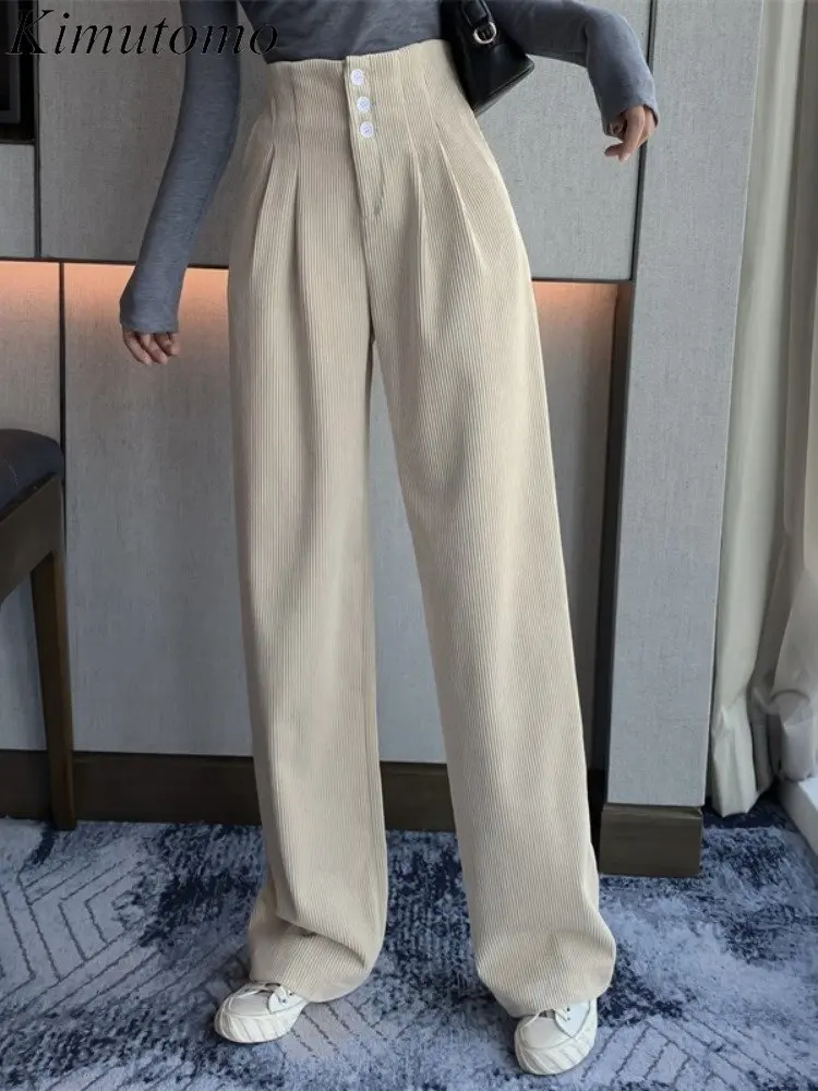 

Винтажные свободные однотонные широкие вельветовые брюки Kimutomo, женские элегантные прямые Универсальные Длинные брюки с высокой талией и т...