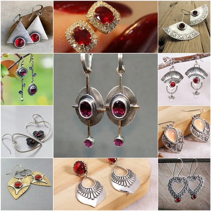 

New Vintage Red Crystal Stone Dangle Earrings For Women Tribal Cross Design Oval Antique Metal Statement Earrings Jewelry