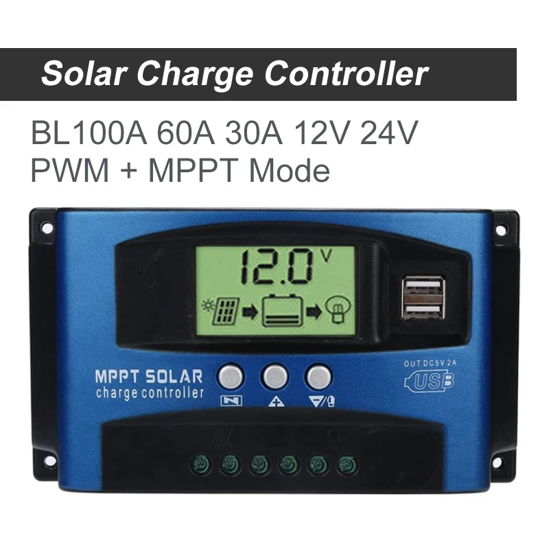 

Контроллер заряда солнечной батареи MPPT 30 А 60 А 100 А с двойным USB ЖК-дисплеем, автоматический регулятор заряда солнечной панели 12 В 24 В с нагруз...
