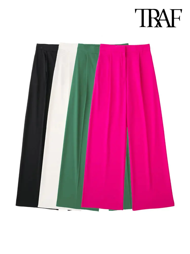 

TRAF Women Fashion Side Pockets Front Pleats Wide Leg Pants Vintage High Waist Zipper Fly Female Trousers Mujer