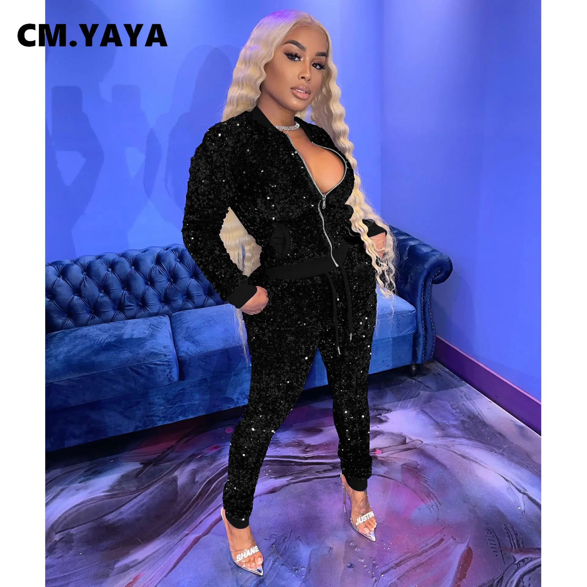 CM.YAYA Autumn Winter Streetwear Sequins Women's Set Zipper Fly Jacket and Pants Tracksuit Two Piece Fitness Outfits |