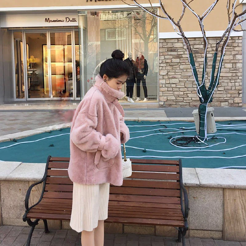 Women New Fur 2022 Autumn Winter Motorcycle Clothing Imitation Mink Plush Coat Small Fragrance Style Leather Buckle Fur Jacket