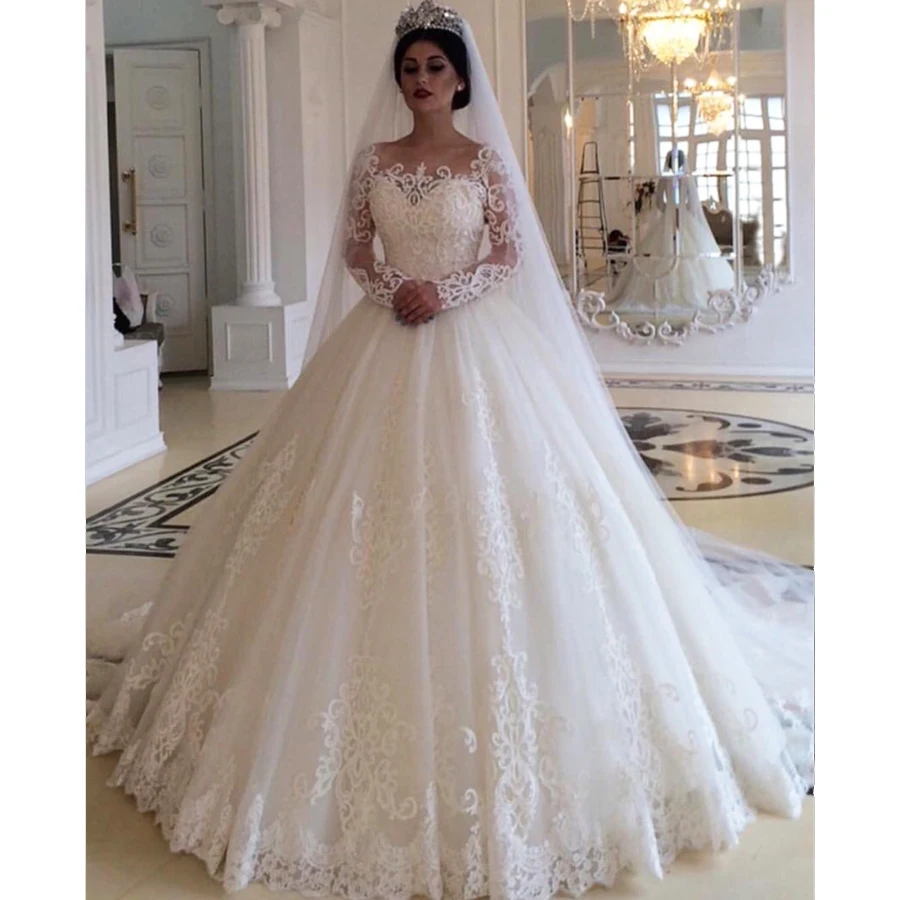 

Saudi Arabia white Ivory Wedding Dress 2022 Ball Gown Elegant Lace Appliques Long sleeve Bridal Gowns Vestido De Noiva