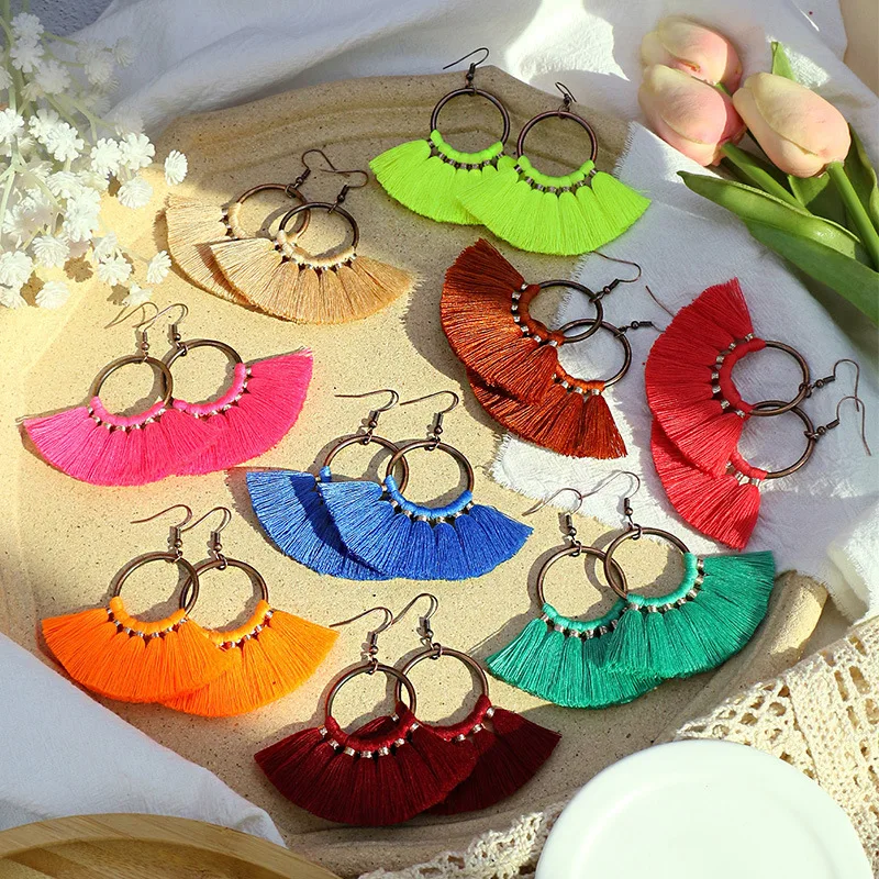 Bohemian Ethnic Long Fan-Shaped Tassel Earrings Vintage Big Circle Colorful Statement Earrings for Women Party Wedding Jewelry