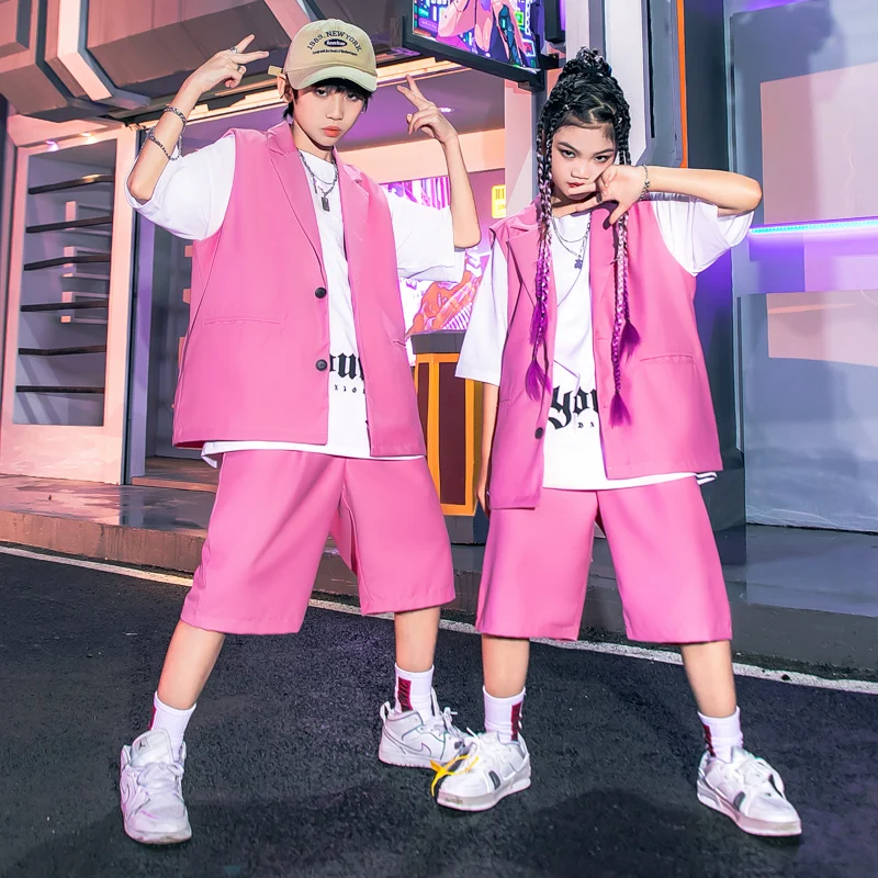 

Kids Showing Outfits Hip Hop Clothing Pink Sleeveless Blazer Jacket Baggy Shorts for Girl Boy Jazz Dance Costume Teenage Clothes