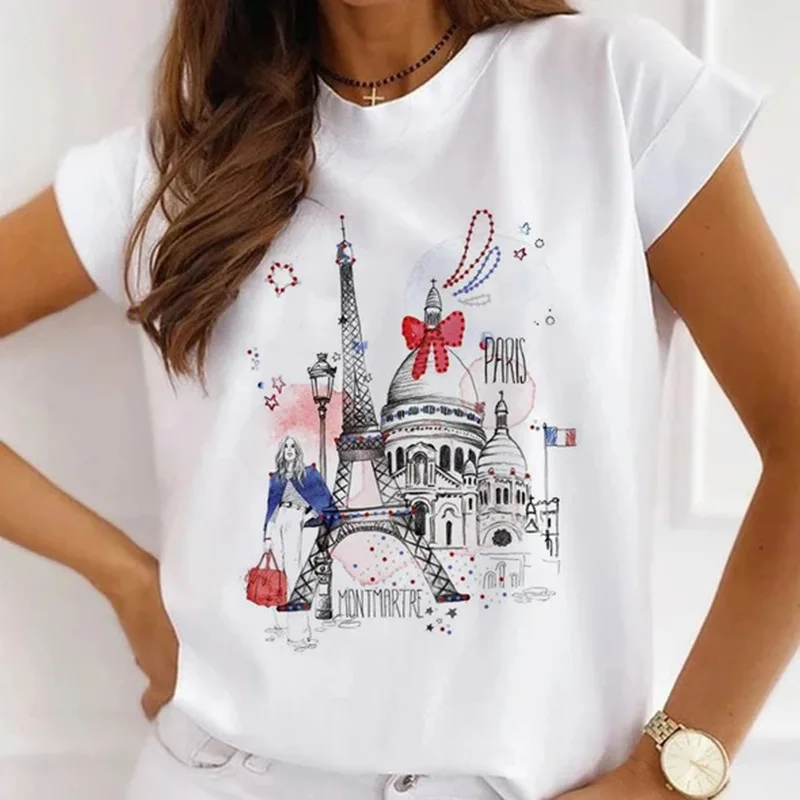 

Paris Eiffel Tower Women T-shirt London Famous City Attractions Funny Statue of Liberty Printing Summer Casual Female Tops Tees