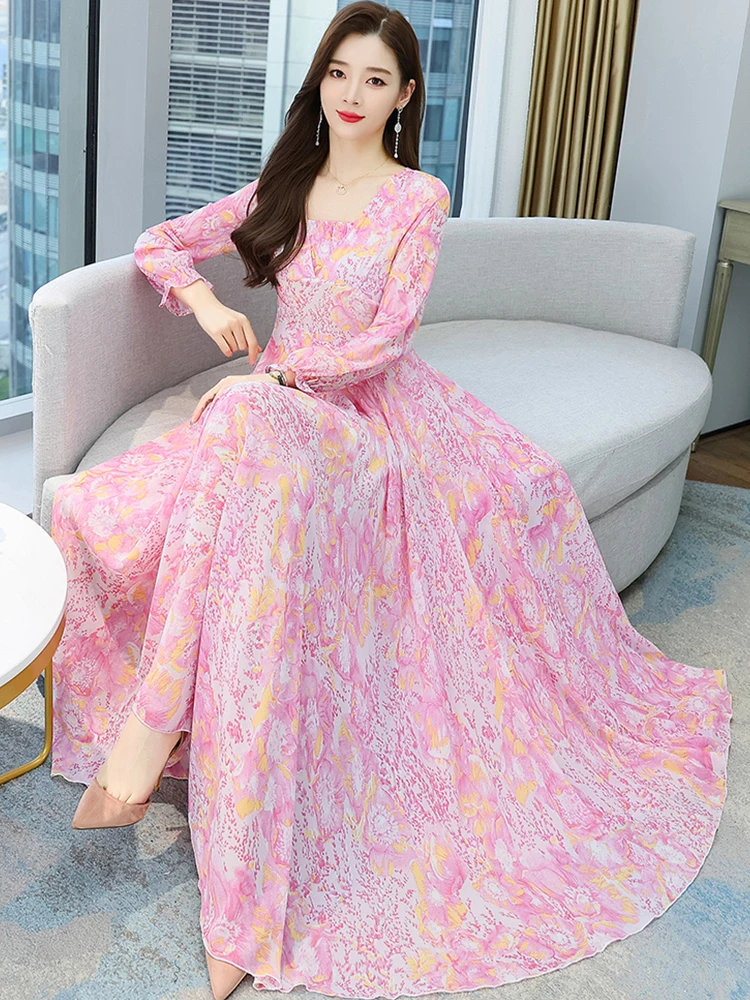 

2023 Spring Prom Long Sleeve Dress Pink Floral Clothes For Women Midi Robe Elegant Fashion Casual Bodycon Maxi Evening Dresses
