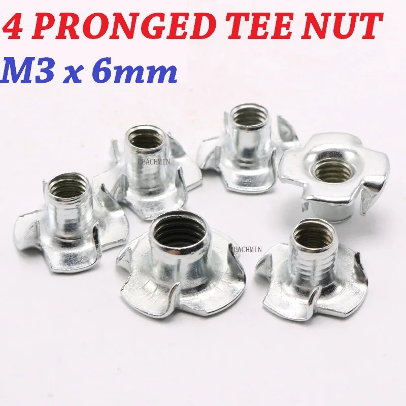 

200PCS/lot M3x6MM Zinc Plated Four Claws Nut Speaker T-nut Blind Pronged Insert Tee Nut Furniture Hardware