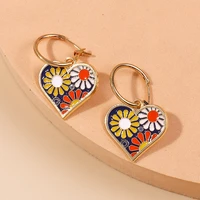 vintage drop earrings enamel love heart sun flower for women gold color hoop earrings accessories party female jewelry present