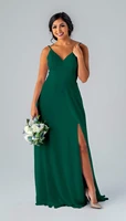 spaghetti straps v neck bridemaids dress with ribbons back green chiffion wedding party gown a line high split party dress