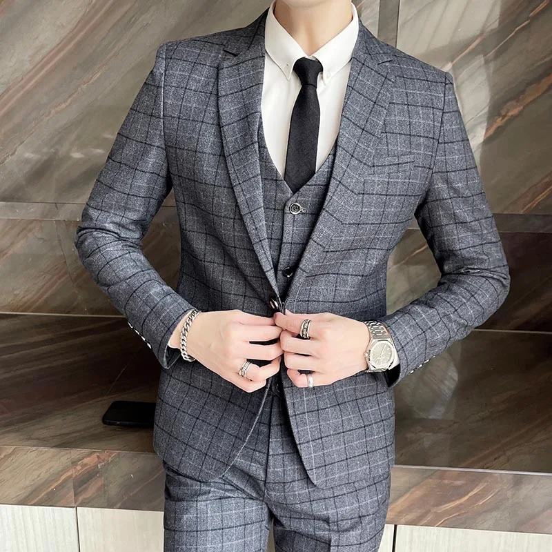 

( Jacket + Vest + Pants ) Three-piece Male Formal Business Plaids Suit Groom Wedding Dress Plaid Striped Mens Suit Size S-5XL