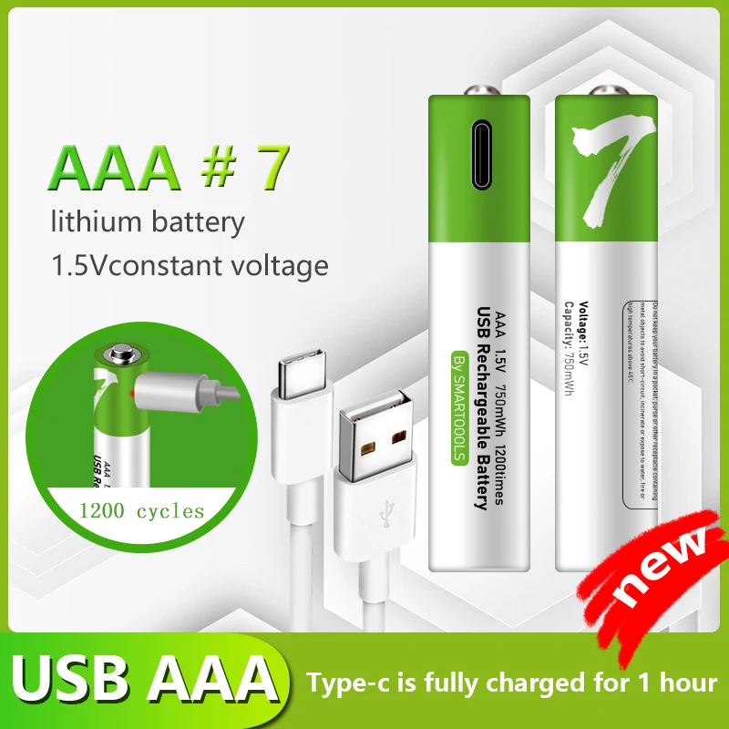 

Battery AAA, 1.5V, 750mah, USB rechargeable lithium-ion battery Remote control mouse small fan electric toy battery+cable