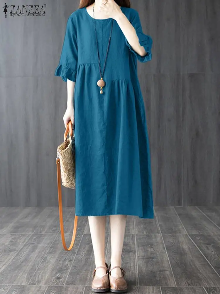 

Платье ZANZEA женское летнее с коротким рукавом, винтажный Ретро сарафан-миди с оборками, праздничный пляжный свободный мешковатый халат, большие размеры, 2023