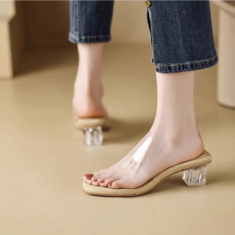Soft Padded Crystal Heeled Mules Woman Transparent PVC Sandals Ladies Fashion Slip-on Square Toe Low Heel Clear Slipper Shoes