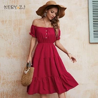 red summer elegant dresses for women clothes vestido short sleeve one shoulder urban midi dress casual chiffon female long dress