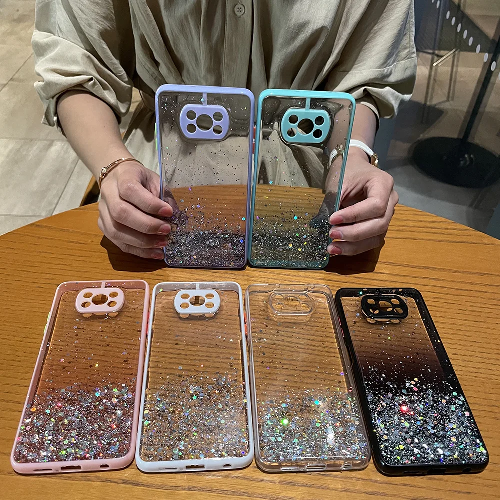 luxury clear glitter phone case for xiaomi poco x3 pro nfc poco f3 m3 note 9s note 9 pro gradient rainbow sequins cover coque free global shipping