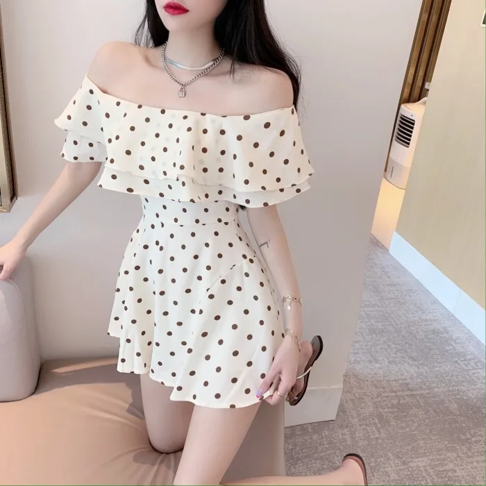 

Women 2022 Summer Fashion Off Shoulder Jumpsuits Female Retro Polka Dots Printing Rompers Lady High Waist Wide Leg Playsuit P31