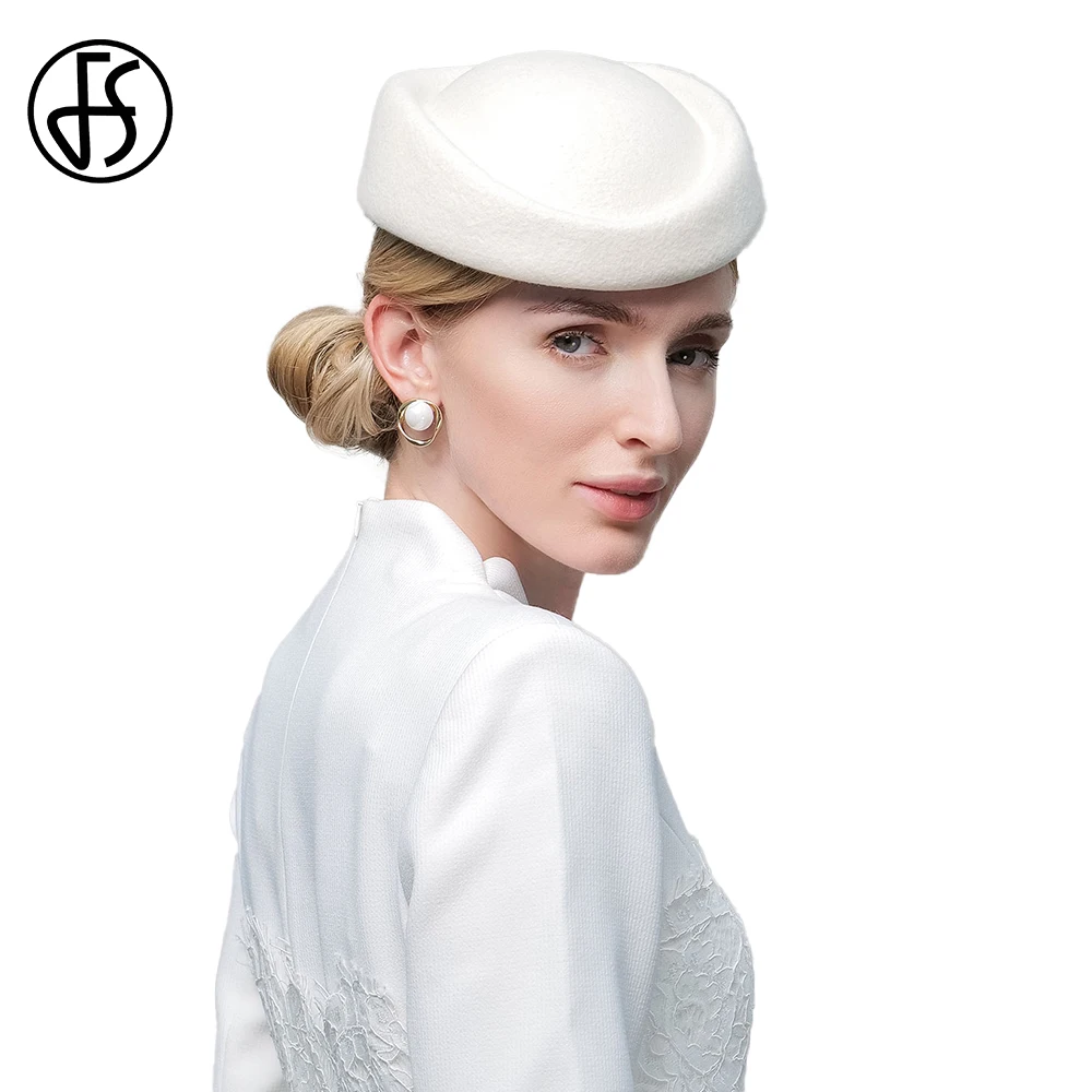 

FS Vintage Wool French Concise Beret Hats For Women White Felt Cap Ladies Winter Elegant Church Wedding Ceremony Fedoras Femme