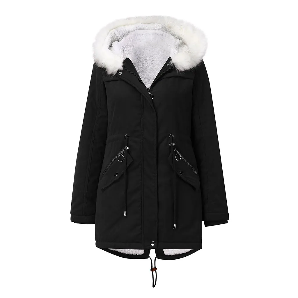 Fashion Casual New Women's White Fur Collar Coat Mid-length Hooded Winter Warm Fleece Coat Women's Cotton Clothing