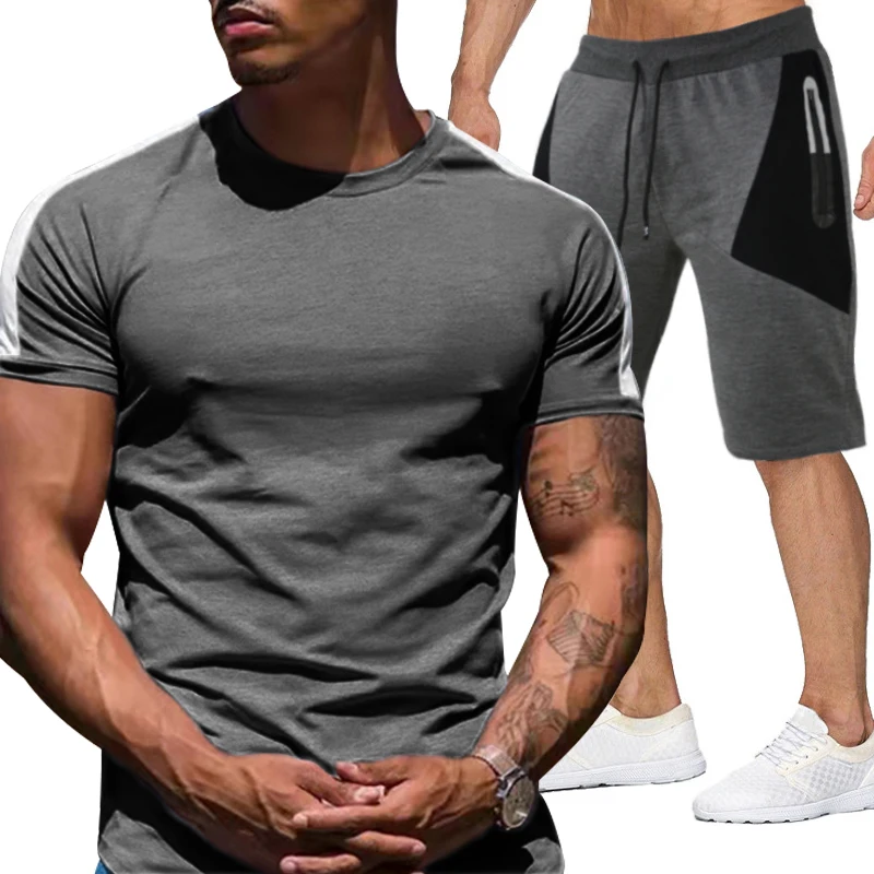 

Summer Men's Fashion Suit Quick Dry Short Sleeve T-Shirt + Shorts Men's Casual Sportswear Fitness Suit M--3XL