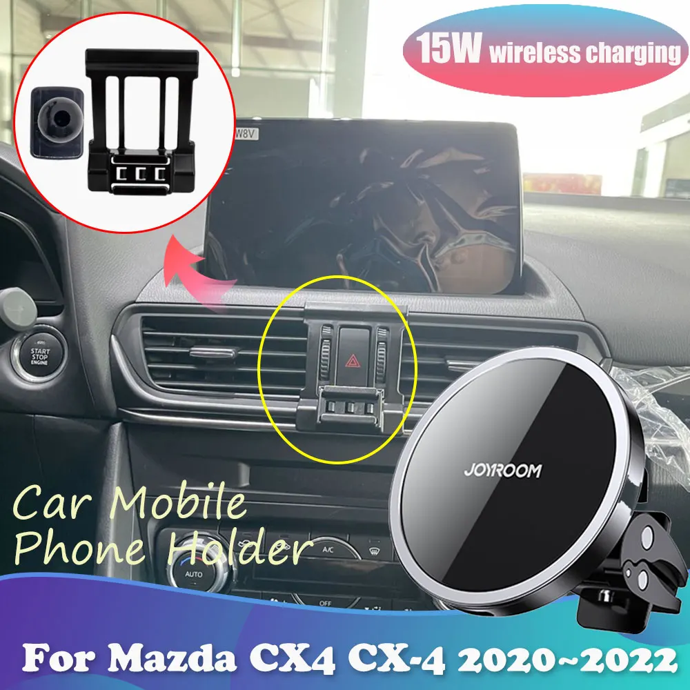 15W Car Phone Holder for Mazda CX4 CX-4 2020 2021 2022 Magnetic Clip Stand Support Wireles Charging Sticker Accessories iPhone