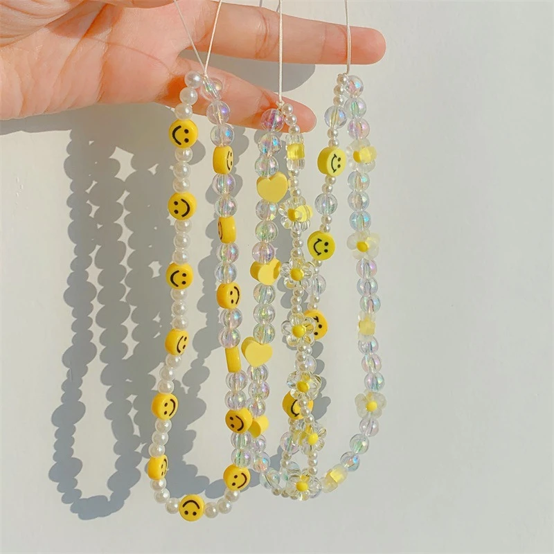 

Fashion Trendy Resin Smiley Soft Pottery Love Frosted Small Flower Color Beaded Mobile Phone Lanyard Hanging Chain Women Jewelry