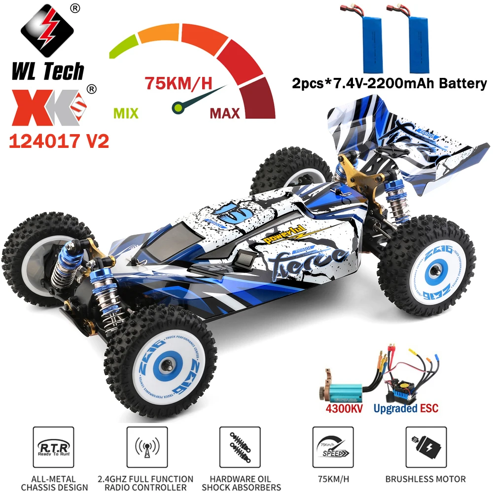 RC Car WLtoys 124017 V2 75KM/H 2 Battery Brushless Motor Electric High Speed Off-Road Drift Remote Control Toys Gift For Adults