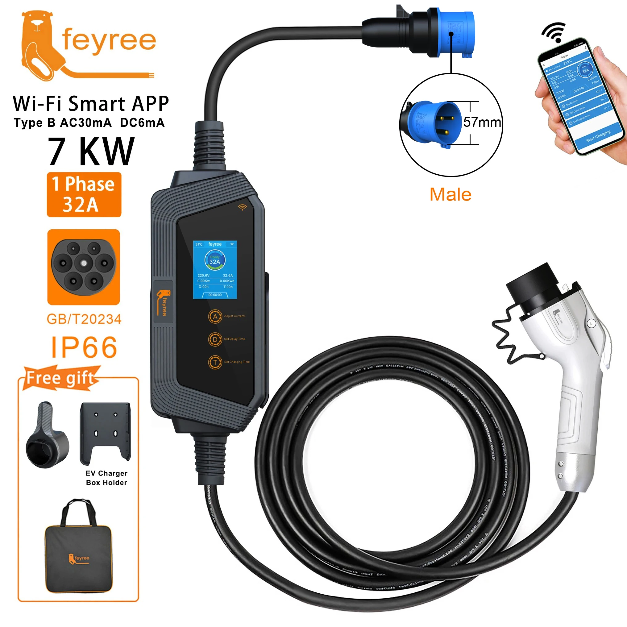 

Feyree 7KW 32A Регулируемое зарядное устройство для электромобилей GBT Socket APP Bluetooth Version Set Time Charging Charging Box EVSE для электромобиля