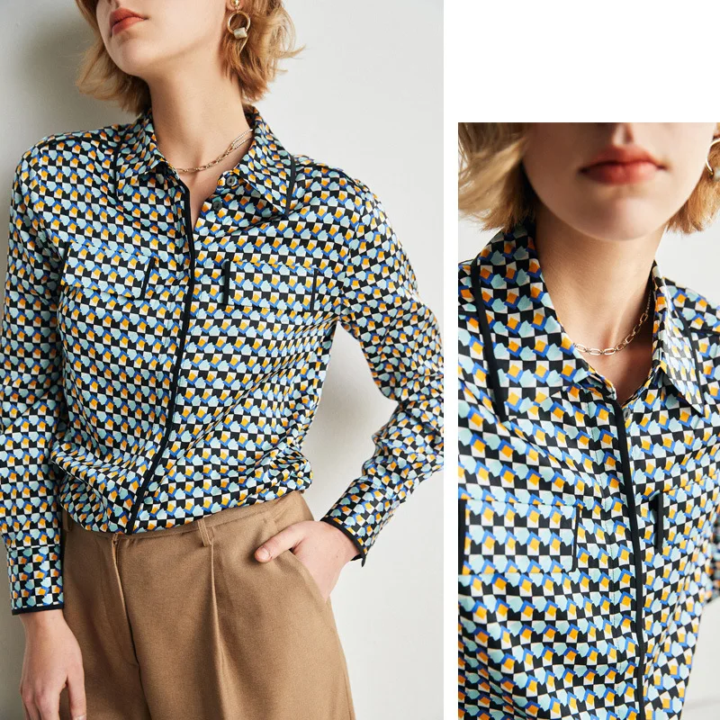 

French Retro Light Luxury Shiny Color Print Long Sleeve Silk Shirt Female 2022 New European Beauty Dress