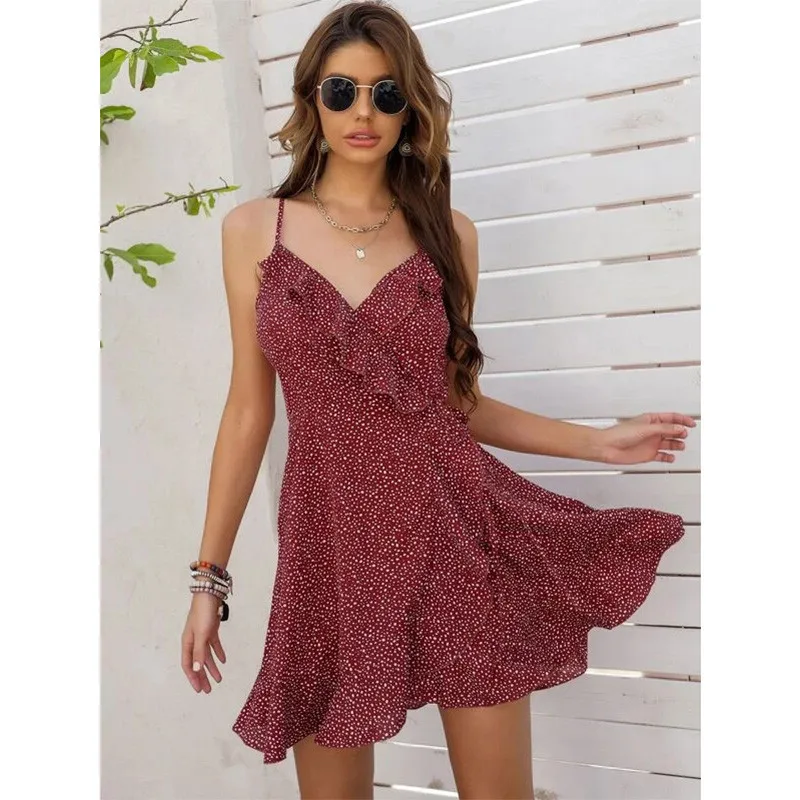 

Fashion Summer New V-Neck Sexy Sling Dress For Women 2022 Casual Ruffle Print Boho Beach Dress Lady Holiday Woman's Clothes