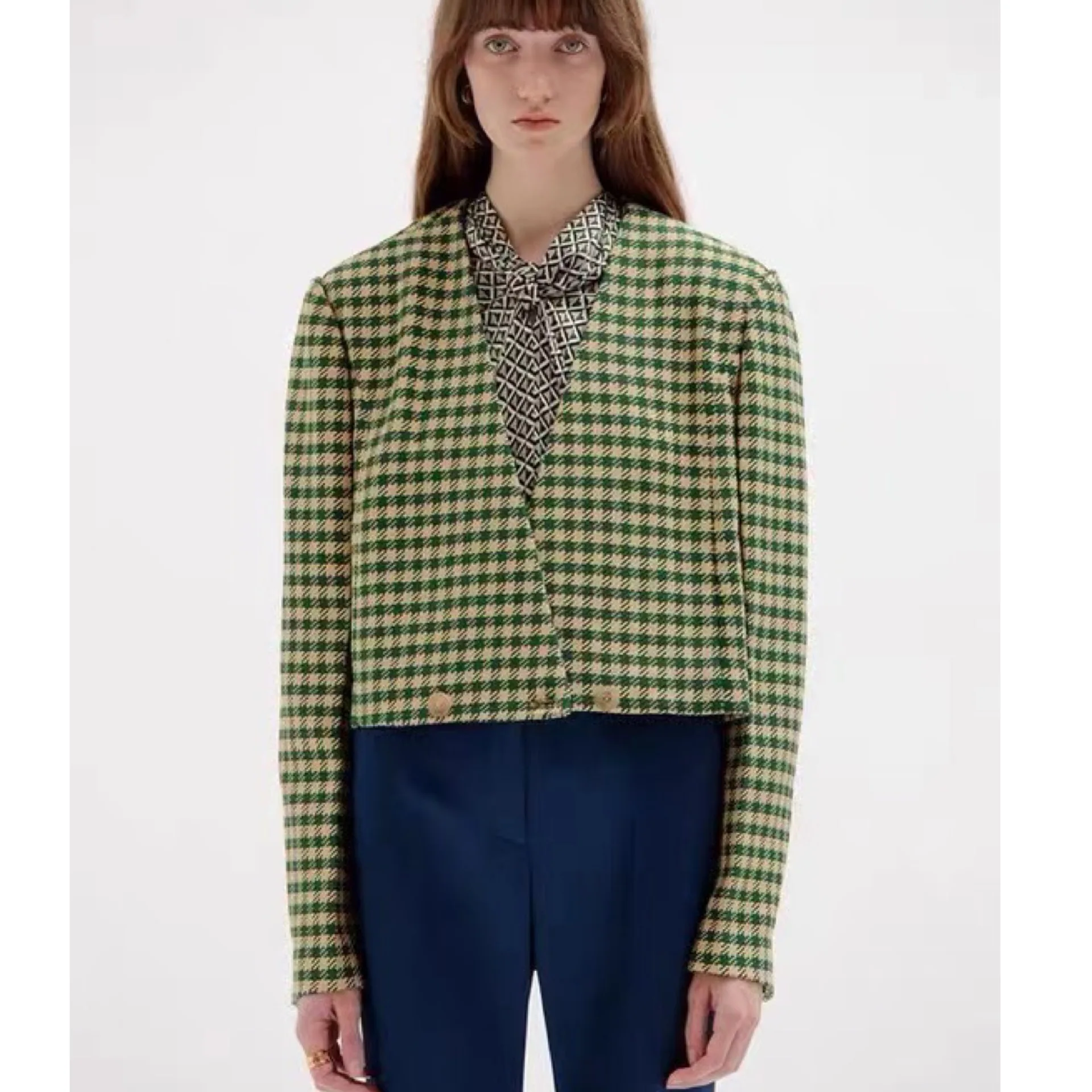 

EOS 2023 Spring Autumn Houndstooth Detachable Collar Short Jacket Women Vintage Blazer Sets Korean Fashion Split Skirt