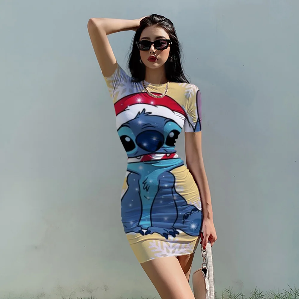 

2023 Christmas Women Dresses Slim Women's Mini Tight Femme Dreeses Disney Stitch PrintSexy Bodycon Short sleeve Women's Dress