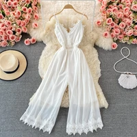 summer women lace chiffon romper white sexy v neck sleeveless wide leg hollow out spaghetti strap party beach jumpsuits female
