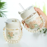 500ml fashionable water bottle for girls straw cups korean style glass water cup portable pearl rope travel tea cup student mug