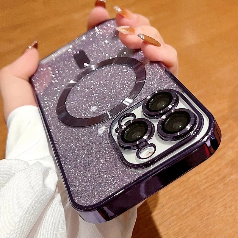 

For iPhone 13 12 11 14Pro Max 14Plus Luxury Electroplate Magsafe Wireless Charge With Lens Protection Soft Bumper Glitter Cover