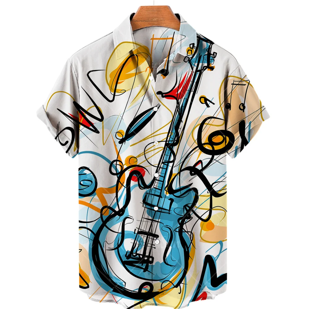 Summer Men's Shirt Vintage Luxury Clothing Oversized Beach Streetwear Fashion Printed Pattern Guitar Tops Men Hawaii Camisa 5XL